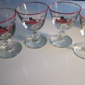LIBBEY VTG Set of 4 Red Rimmed Wine Cordial 1899 Packard Automobile Bar Glasses